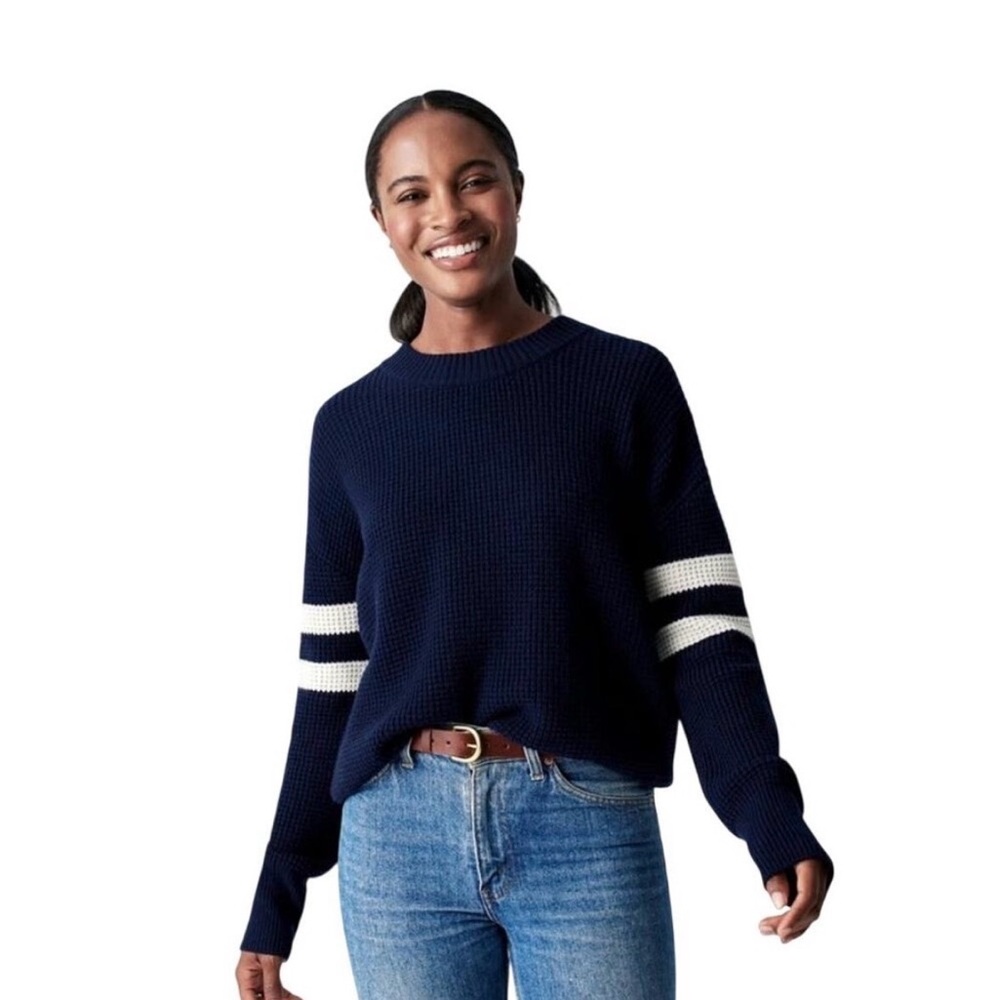 Faherty Navy and White Waffle Wisp Women's Crew Neck Sweater